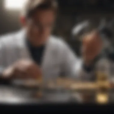 A scientist analyzing platinum and gold in a laboratory setting.