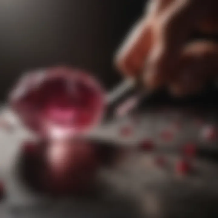 A certified gemologist examining rubies under professional lighting for quality assessment.