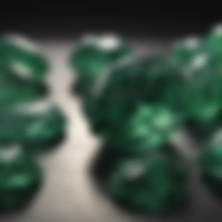 Visual comparison of various types of raw green gemstones under different lighting conditions