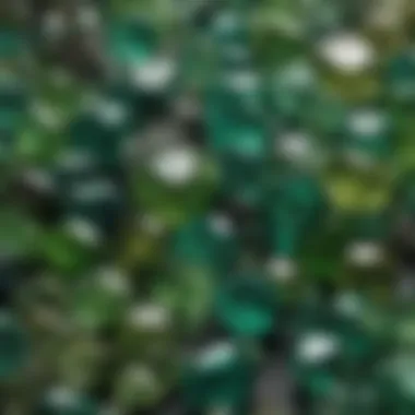 Diverse Textures of Raw Green Gemstones Close-up view of various raw green gemstones showcasing their unique textures and colors