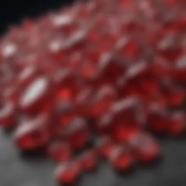 Close-up view of different red gemstones and minerals