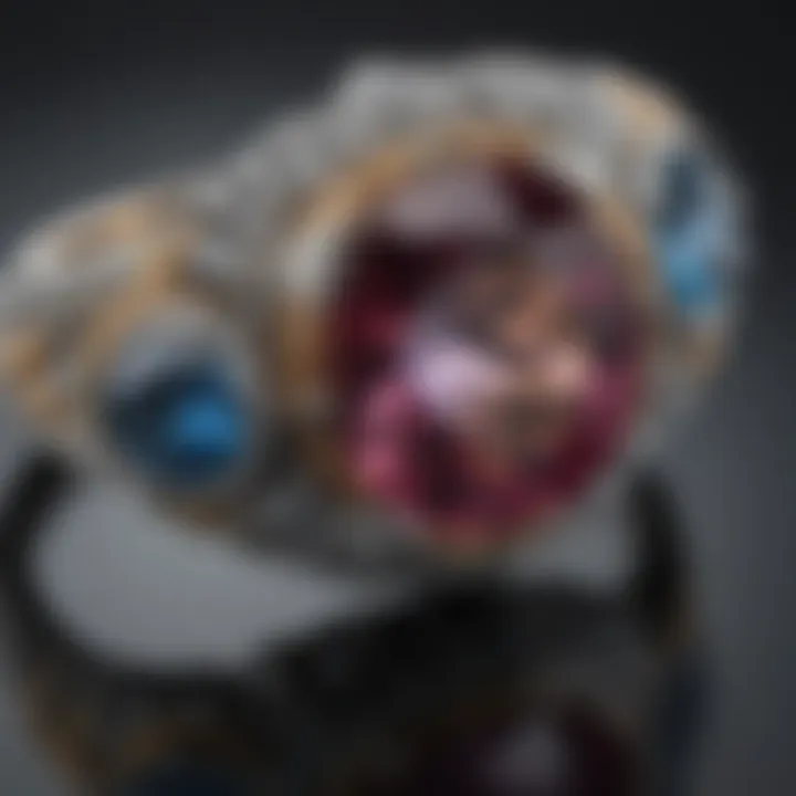 A detailed close-up of a Georgian engagement ring highlighting unique gemstone settings.