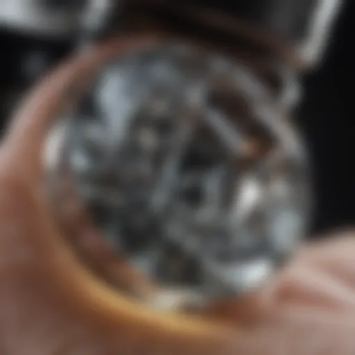 A close-up view of a diamond with a microscope showcasing its facets