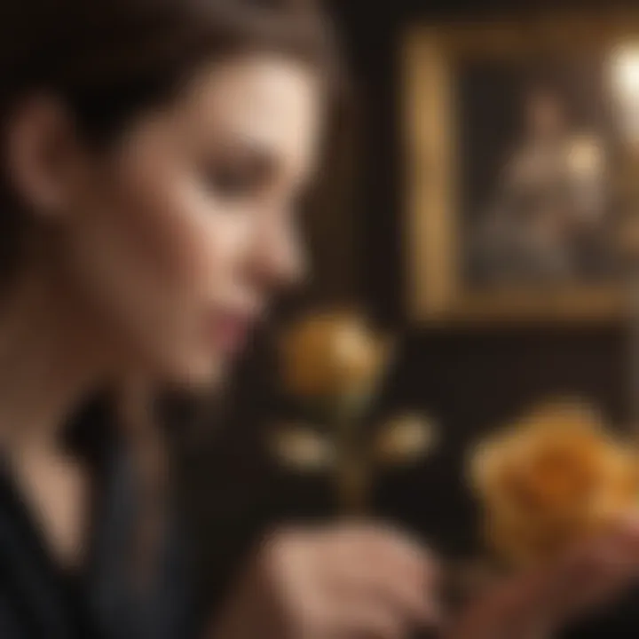 A collector admiring a gold dipped rose, illustrating the sentimental value and allure these items hold.