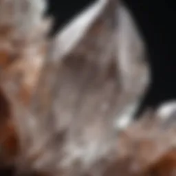 A close-up view of a large, shimmering quartz crystal showcasing its intricate details and natural facets.