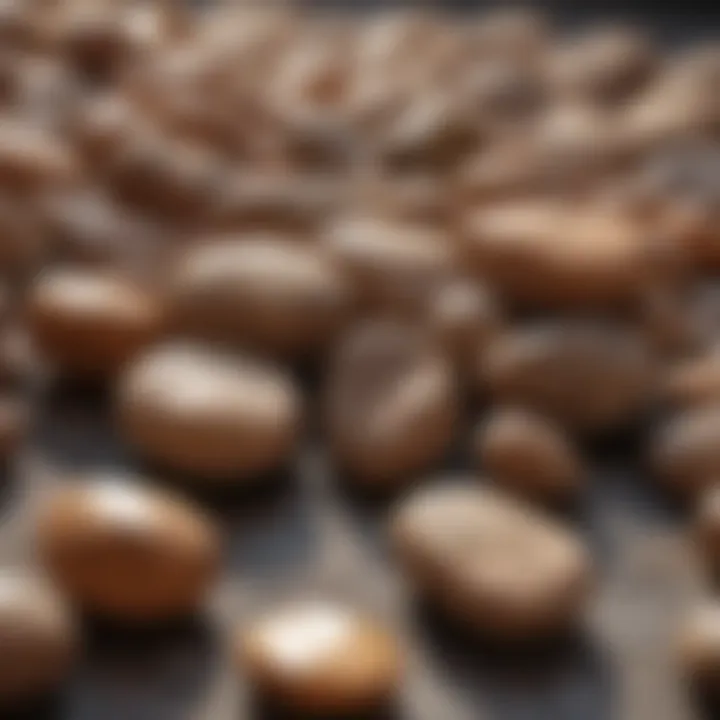 An array of raw brown stones in different shapes and sizes displayed on a natural surface
