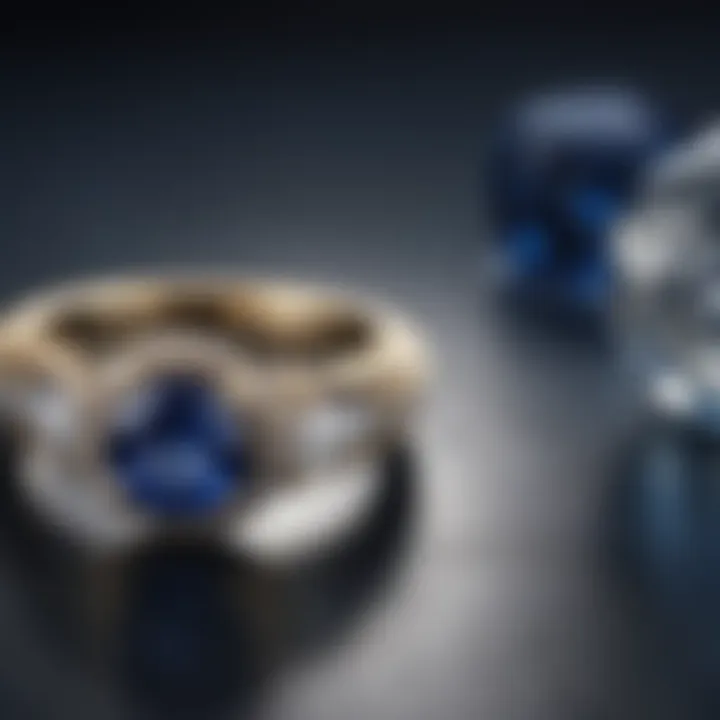 A serene scene depicting the care and maintenance of a blue sapphire ring, with cleaning supplies and a soft cloth.