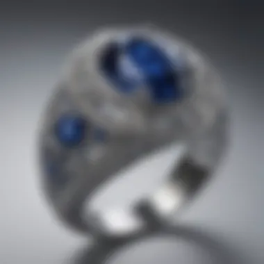 Close-up of a stunning sapphire ring set in intricate platinum detailing.