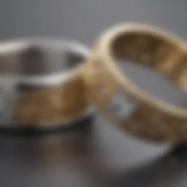 Side by Side: Comparing Silver and Gold Wedding Bands An artistic arrangement of silver and gold bands side by side