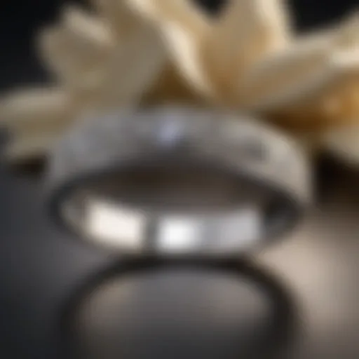 A close-up view of a silver wedding band reflecting light