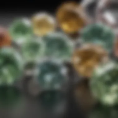 Natural green diamonds displayed alongside other colored diamonds