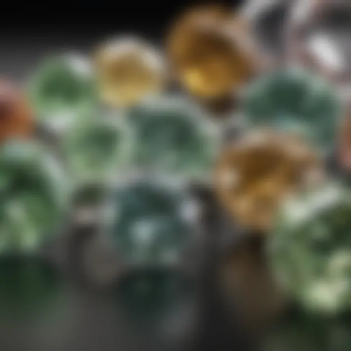 Natural green diamonds displayed alongside other colored diamonds