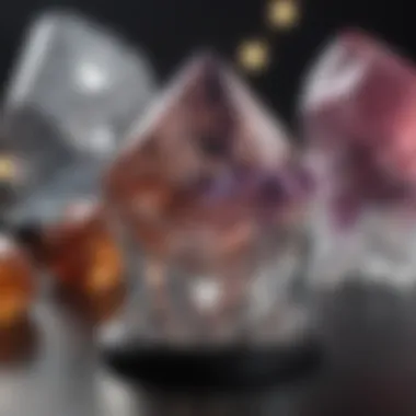 Crystal Benefits Display An elegant display of crystals with descriptive labels highlighting their unique benefits.