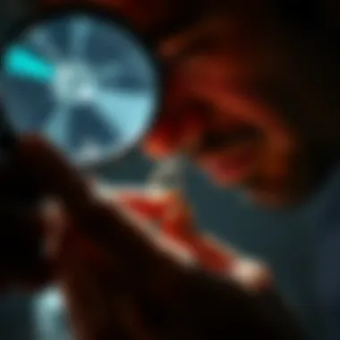 A professional jeweler carefully inspecting a diamond ring under a magnifying glass