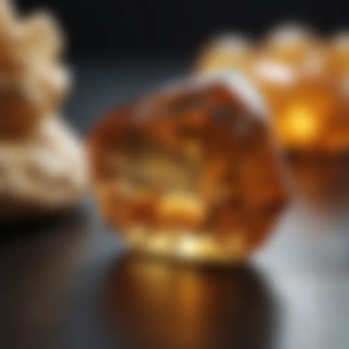 A striking citrine stone with golden tones reflecting the light, highlighting its natural beauty.