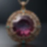 A detailed close-up of an intricate gemstone pendant showcasing its brilliant facets and craftsmanship.