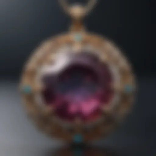 A detailed close-up of an intricate gemstone pendant showcasing its brilliant facets and craftsmanship.