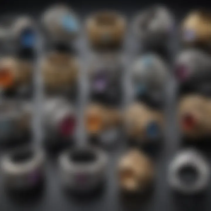 A close-up view of various metal options available for creating a class ring, highlighting their unique textures.
