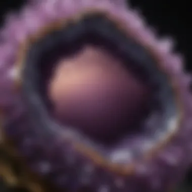Shimmering Amethyst Geode A close-up of a shimmering amethyst geode revealing exquisite patterns