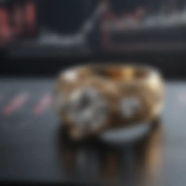 Diamond ring next to fluctuating market graphs symbolizing price fluctuations