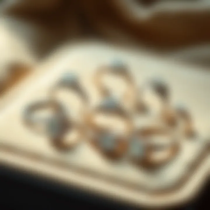 An elegant display of various second-hand diamond rings on a plush fabric background