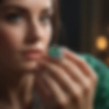 Elegant hand holding an Imperial Jade Engagement Ring under soft light