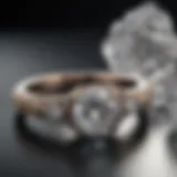 Close-up of a sparkling engagement ring with intricate detailing