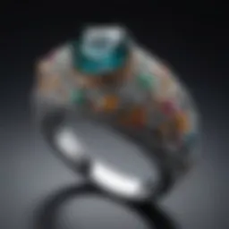 A close-up of a vintage-style engagement ring featuring intricate details and unique gemstones.