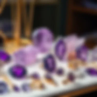 A beautifully arranged display of various amethyst stones and jewelry pieces