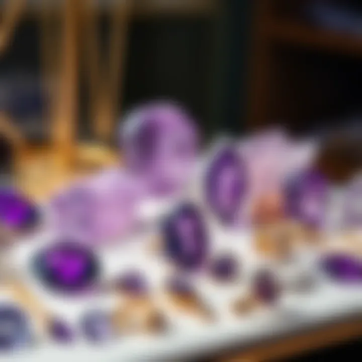 A beautifully arranged display of various amethyst stones and jewelry pieces
