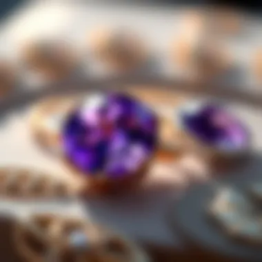 A close-up view of polished amethyst jewelry highlighting its brilliance