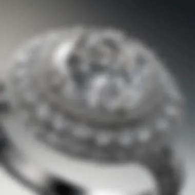 Close-up of intricate details of a white gold diamond ring