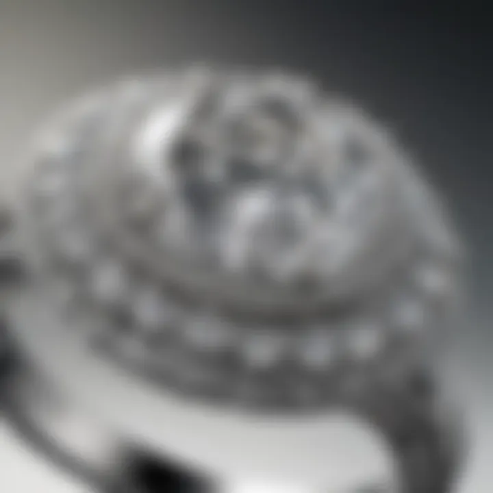 Close-up of intricate details of a white gold diamond ring