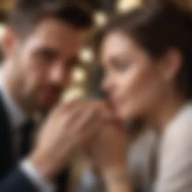 Engaged couple admiring a diamond ring in a jewelry store