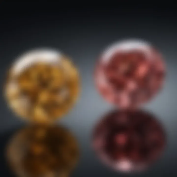 Side-by-side comparison of a colored lab diamond and a natural diamond illustrating their differences.