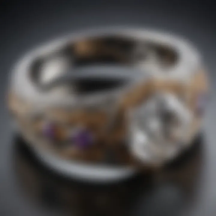 A close-up of a vintage-inspired wedding ring, highlighting intricate detailing and craftsmanship.