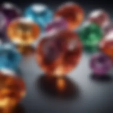 Close-up of gemstones under different lighting conditions