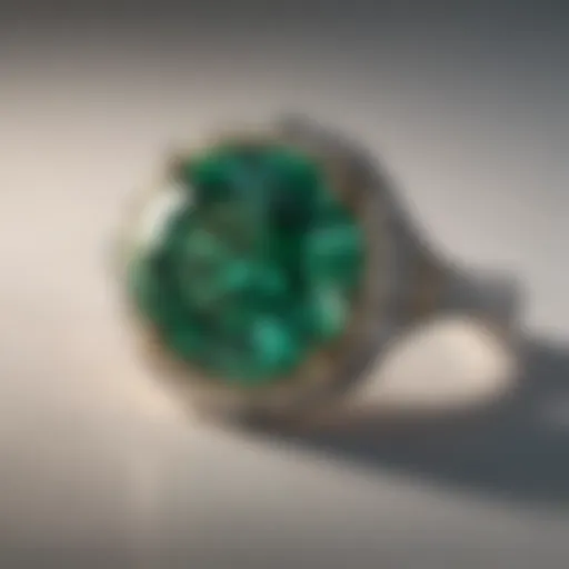 Close-up view of a green emerald solitaire ring showcasing its vibrant color and clarity