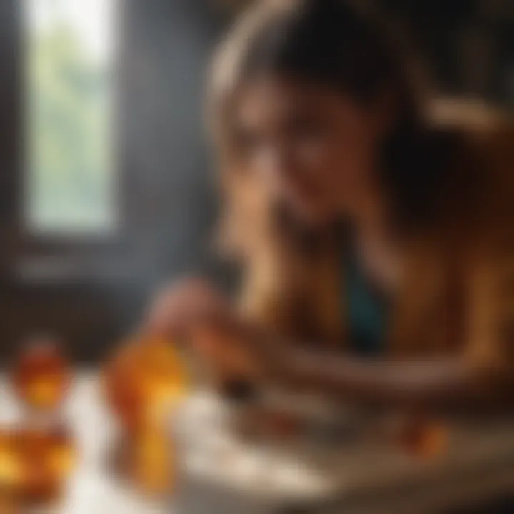 A collector examining amber for authenticity under natural light