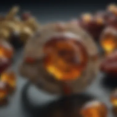 Amber pieces displayed in a luxurious jewelry setting