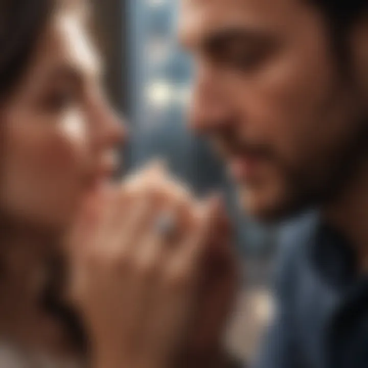 A couple discussing engagement ring choices in a cozy setting