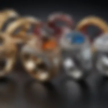 A stunning display of various non-traditional wedding rings on a textured surface