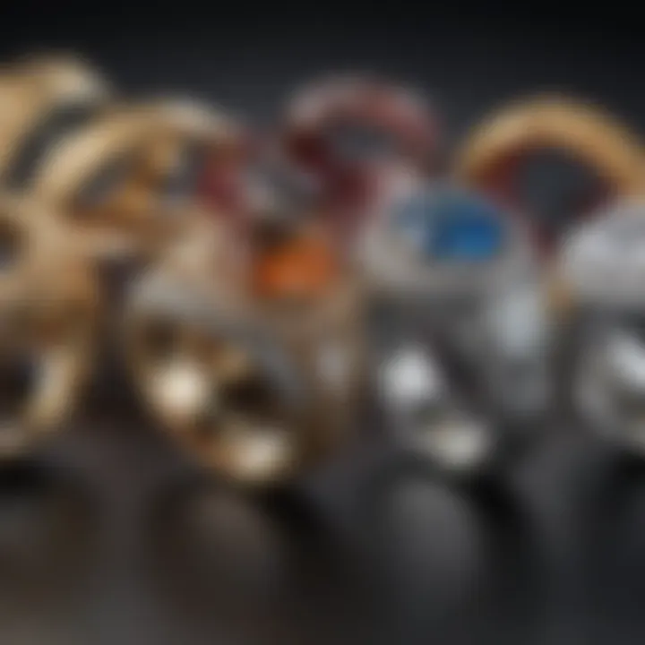 A stunning display of various non-traditional wedding rings on a textured surface