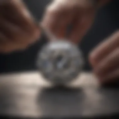 Artisan carefully setting diamonds in a pave style on a jewelry piece.