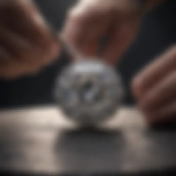 Artisan carefully setting diamonds in a pave style on a jewelry piece.