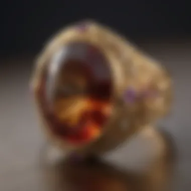 Close-up of a gold ring with precious stone detailing