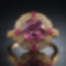 A close-up view of a stunning pink sapphire set in a delicate gold ring, showcasing its exquisite color and clarity.