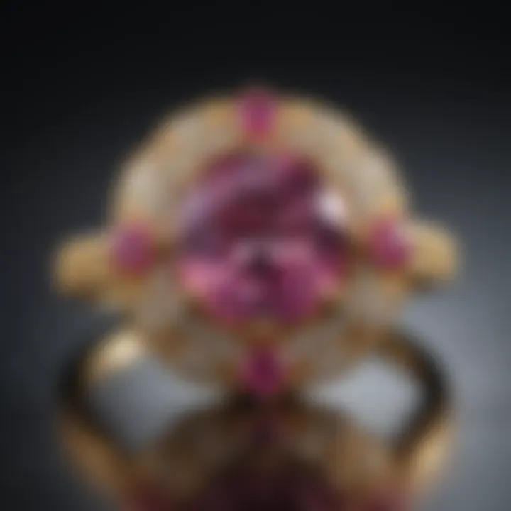 A close-up view of a stunning pink sapphire set in a delicate gold ring, showcasing its exquisite color and clarity.