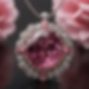 A sophisticated pendant featuring a large pink sapphire, surrounded by sparkling diamonds, symbolizing elegance.