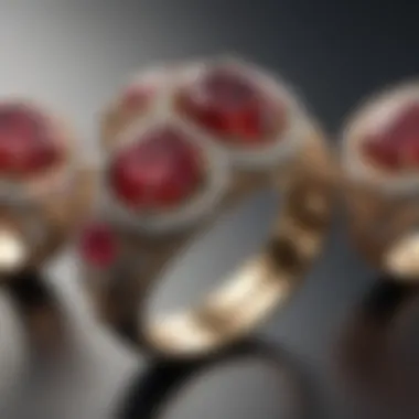 A collection of ruby rings showcasing different cuts and settings